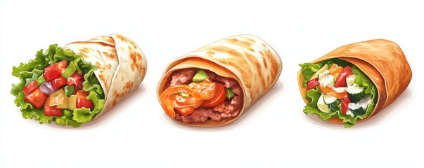 Grilled wraps, packed with an assortment of meats and vegetables, are presented on a plain white background