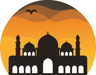 Elegant Mosque Emblem Vector – Islamic Badge Design with Crescent Moon, Domes, and Minarets for Eid and Ramadan
