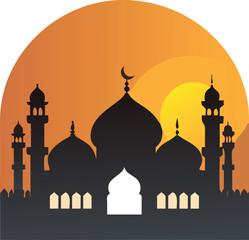 Elegant Mosque Emblem Vector – Islamic Badge Design with Crescent Moon, Domes, and Minarets for Eid and Ramadan