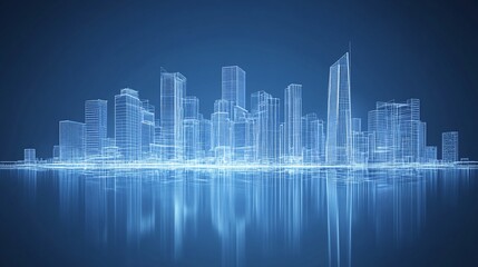 Futuristic Cityscape Wireframe with Reflections on Blue Background Urban Design Concept