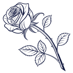 Single Rose Outline with Stem, Leaves and Thorns in Navy Blue, Detailed Floral Design