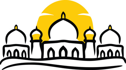 Colorful Mosque Vector Illustration – Islamic Crescent Moon and Star with Mosque Outline for Eid and
