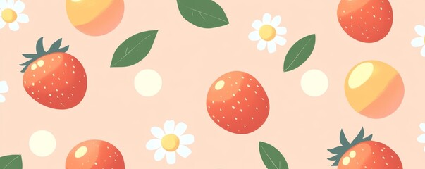 A Pink Background with Red Strawberries and White Flowers
