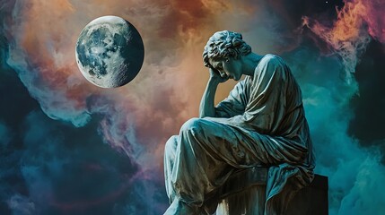 Obraz premium Sculpted Statue Pondering Beneath Crescent Moon Set Against Swirling Cloudscape