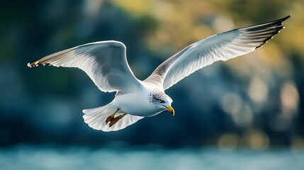 Seagull In Mid Flight Over Blue Water With Open Wings And Detailed Feather Texture