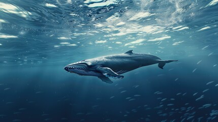 Naklejka premium The picture of the blue whale is swimming in the ocean with the bright light of the sun, blue whale is the largest mammal animal known to have ever existed, both in terms of length and weight. AIG51.