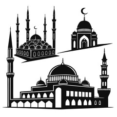 Detailed Mosque Silhouette Vector Set – Islamic Architecture Illustrations of Grand Masjids with Minarets