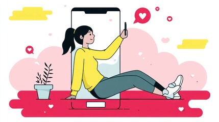 Young Woman Embracing Digital Life:  Smartphone Selfie Illustration