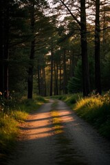 Obraz premium arafed view of a dirt road in a forest with tall trees