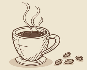 Coffee cup steaming with coffee and coffee beans on a soft background  