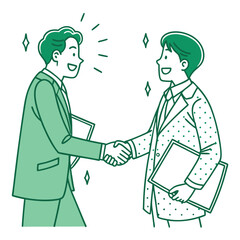 Smiling Businessmen Handshake Outline Style, Holding Files, Green Color Palette, Isolated