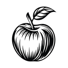 Stylized Apple with Leaf and Stem in Black and White Detailed Lines