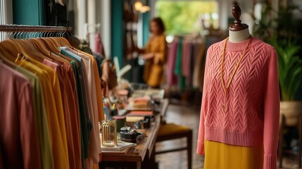 Obraz premium Stylish coral sweater display in boutique clothing store
