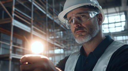 Construction inspector evaluating a reinforced beam at a job site. Featuring scrutiny and precision