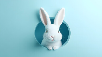 Obraz premium Adorable White Easter Bunny Peeking Through Circular Hole On Blue Background Perfect For Springtime Celebrations And Festive Holiday Designs