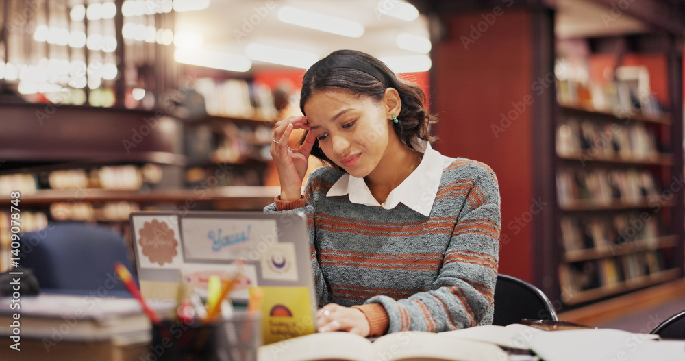 Poster stress, woman and student on laptop in library with difficult test, challenge and studying. computer