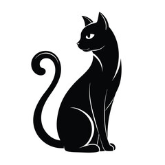 Stylized Black Cat Silhouette, Sitting Upright, Curled Tail, Elegant Feline on White