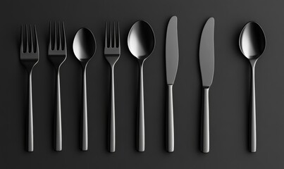 Black and white forks, spoons, and knives are arranged in a grid to create a monochrome cutlery pattern