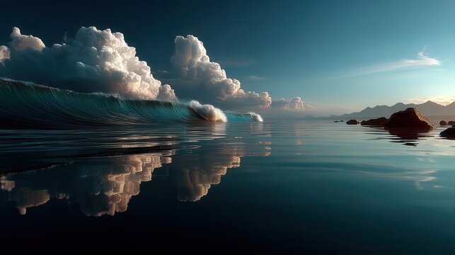 Serene turquoise wave rolling beneath dramatic clouds at ocean bay