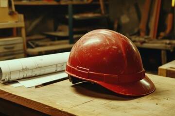 Red Hard Hat on Wooden Table with Construction Plans and Pencil
