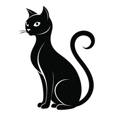 Stylized Silhouette of a Black Cat Sitting with a Swirled Tail on White Background