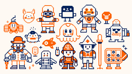 Naklejka premium Adorable pixel art robots creatures characters vibrant orange blue palette 8 bit style