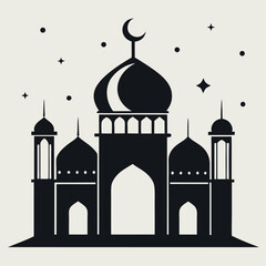 Islamic Mosque Silhouette Vector – Traditional Black Mosque Icon with Crescent Domes for Eid, Ramadan & Religious Designs