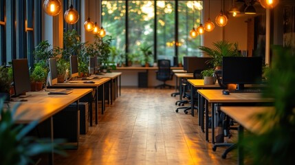 Serene Modern Office Space with Natural Light and Greenery