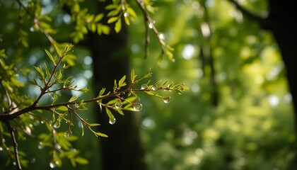 Water Droplets on Tree Branch in Natural Green Environment