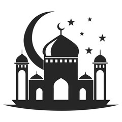 Islamic Mosque Silhouette Vector – Traditional Black Mosque Icon with Crescent Domes for Eid, Ramadan & Religious Designs