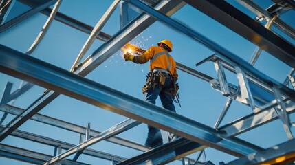 Steelworker welding beams for a building framework. Featuring craftsmanship and welding skill