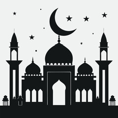 Islamic Mosque Silhouette Vector – Traditional Black Mosque Icon with Crescent Domes for Eid, Ramadan & Religious Designs