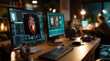 Focused medical professionals analyzing heart imaging in dimly lit office