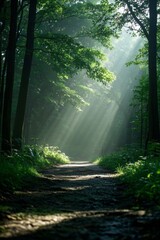 Fototapeta premium sunlight shining through the trees in a forest with a dirt path