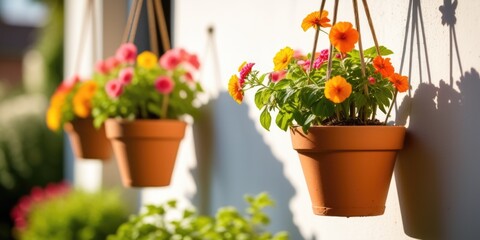 Vibrant hanging flower pots adorning a sunlit garden wall