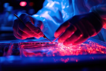 Scientific Research with Hands Working in Laboratory with Purple Light