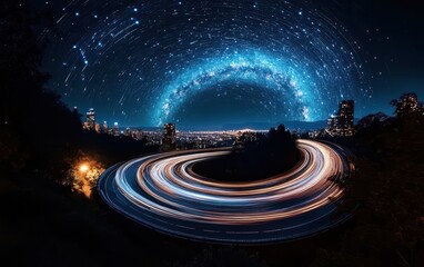 Aerial view of a city illuminated at night featuring a striking spiral of light.