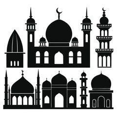 Islamic Mosque Silhouette Vector Set – Collection of Traditional Mosque Icons and Minaret Illustrations
