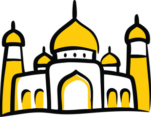 Colorful Mosque Vector Illustration – Islamic Crescent Moon and Star with Mosque Outline for Eid and