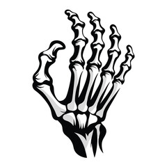 White Bones Hand Isolated On Black Background. Creepy Skeleton Hand Illustration