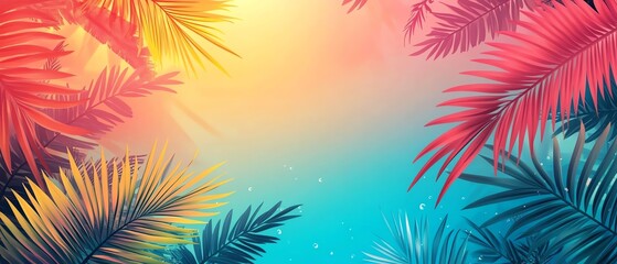 Obraz premium Vivid geometric summer background, colorful patterns, tropical frame, sun rays, beach and ocean design, vibrant promotional banner, vector illustration