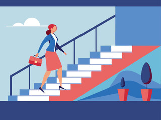 Fototapeta premium Woman walking up the stairs, symbolizing career growth and success in business