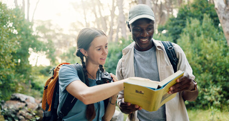 Travel, couple and book for birdwatching in forest, info and knowledge of bird species in nature....