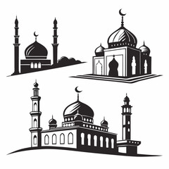 Islamic Mosque Silhouette Vector Set – Collection of Traditional Mosque Icons and Minaret Illustrations