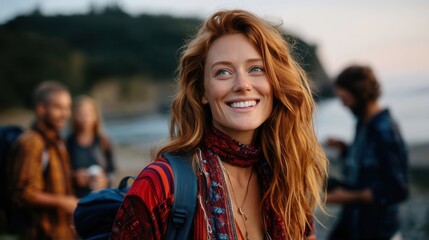 Happy young woman smiling at beach sunset
