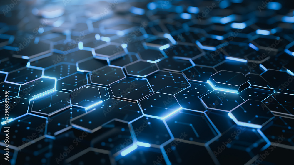 Poster hexagonal technological matrix: a futuristic array of interconnected, glowing hexagonal tiles, emitt
