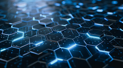 Obraz premium Hexagonal Technological Matrix: A futuristic array of interconnected, glowing hexagonal tiles, emitting an ethereal blue light, represents the advanced architecture of modern technology.