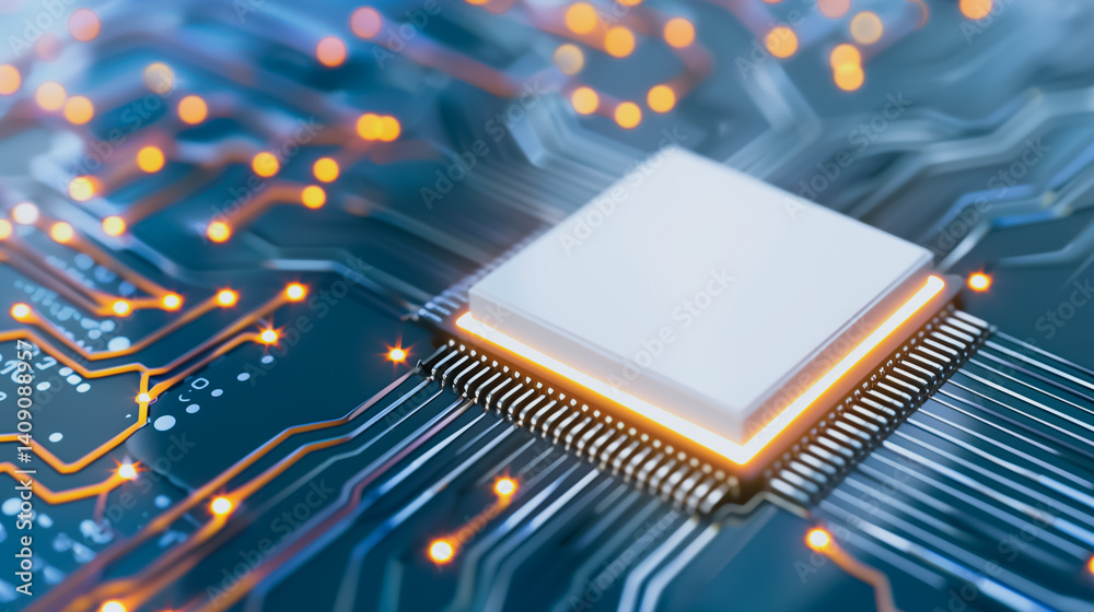 Poster microprocessor close-up: a detailed close-up shot of a microprocessor chip on a circuit board, highl