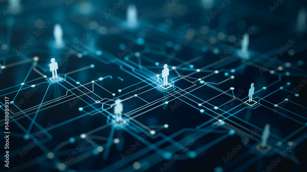 Poster global network: abstract representation of a global network with glowing human figures interconnecte