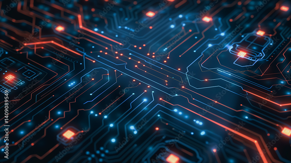 Poster circuit board: a close-up shot of a glowing circuit board, revealing intricate patterns of electroni